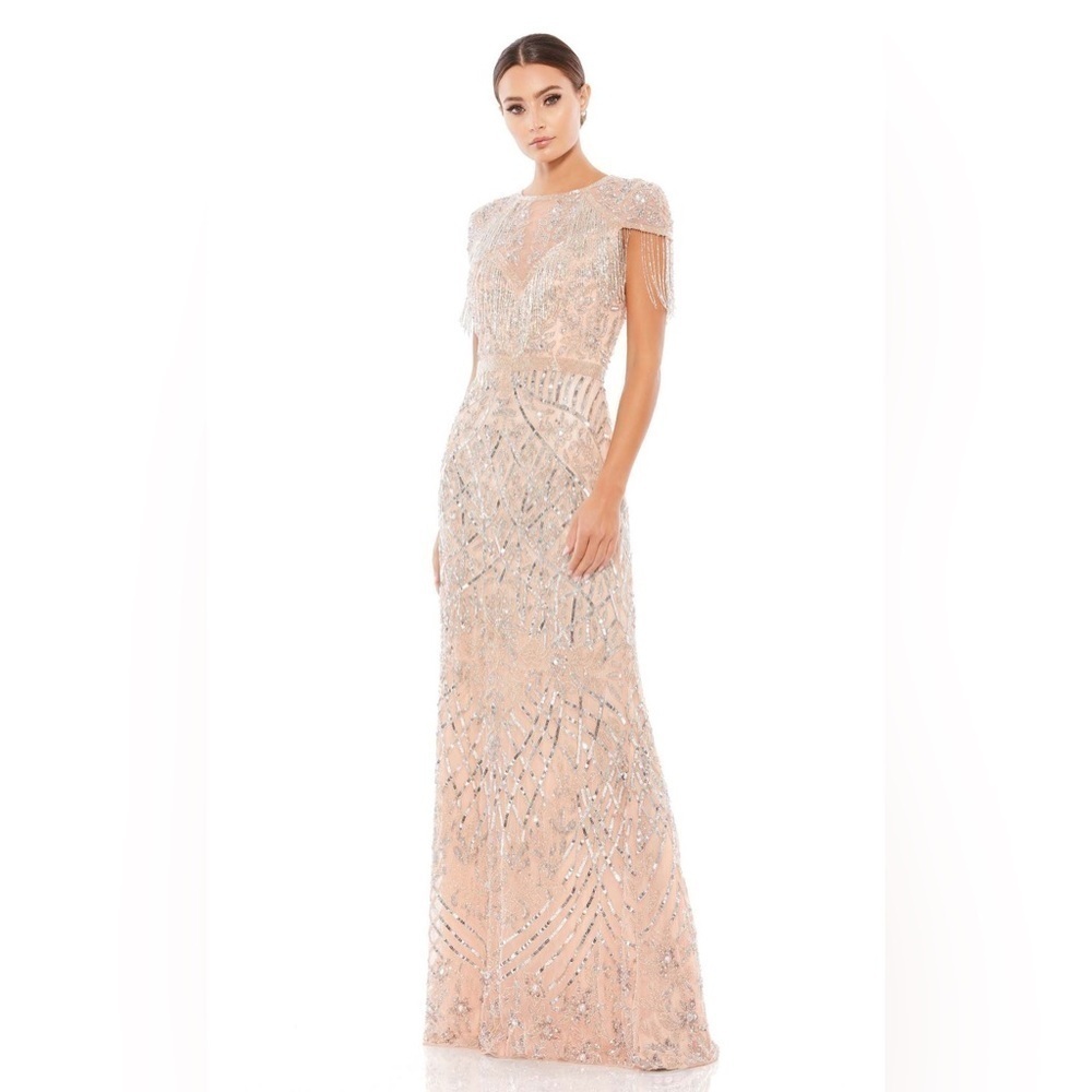 Mac Duggal 4715 Military Style Beaded sequin Fringe Sheath Gown Platinum